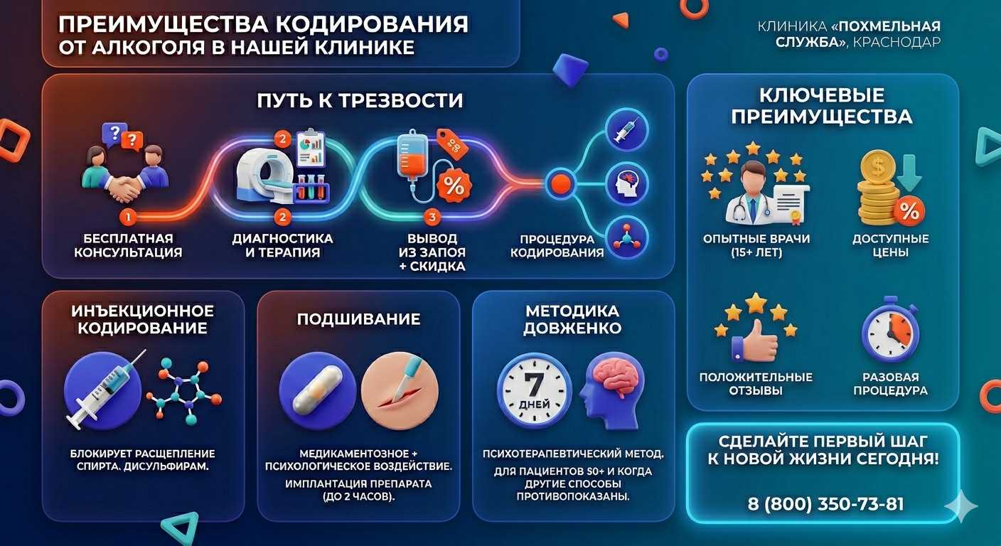 Инфографика о методах кодирования от алкоголя в Красногорском: инъекции, подшивание, метод Довженко. Преимущества клиники и этапы лечения.